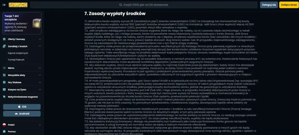 Ekran wypłaty lub weryfikacji KYC w Snatch Casino bez danych osobowych