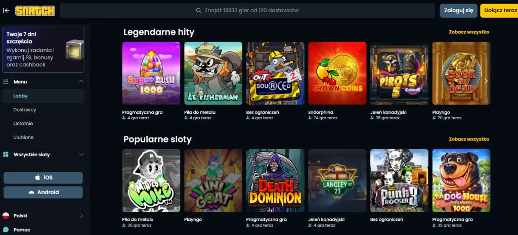 Katalog gier Snatch Casino z kategoriami i filtrem dostawców