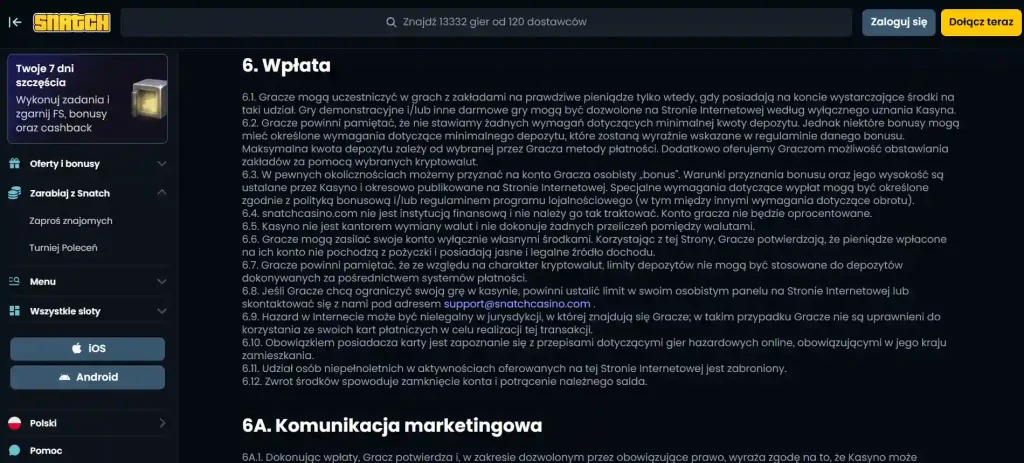 Panel płatności Snatch Casino z aktualnie dostępnymi metodami wpłaty