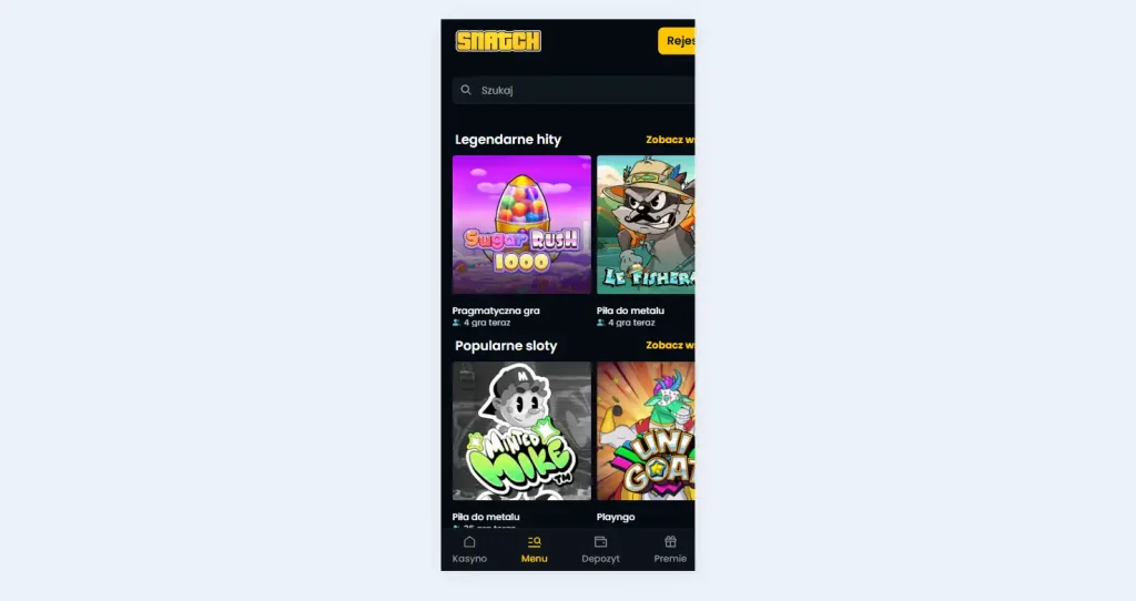 Snatch Casino otwarte w mobilnym widoku przeglądarki