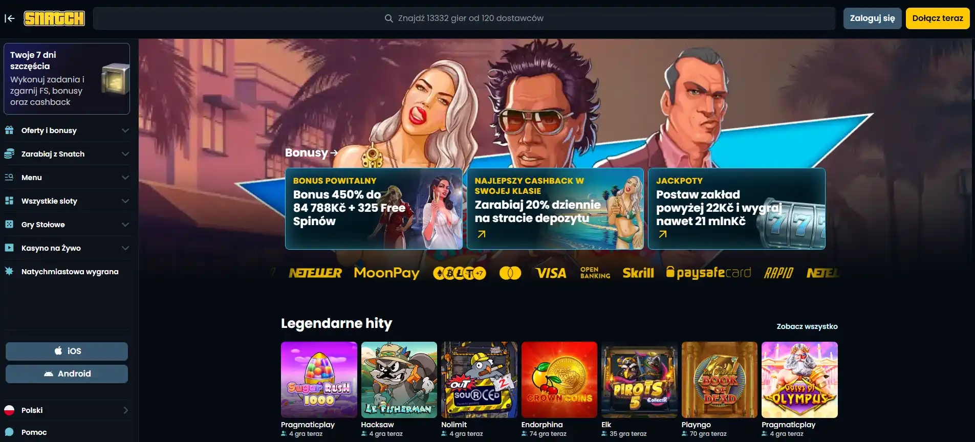 Strona główna Snatch Casino z widocznym brandingiem